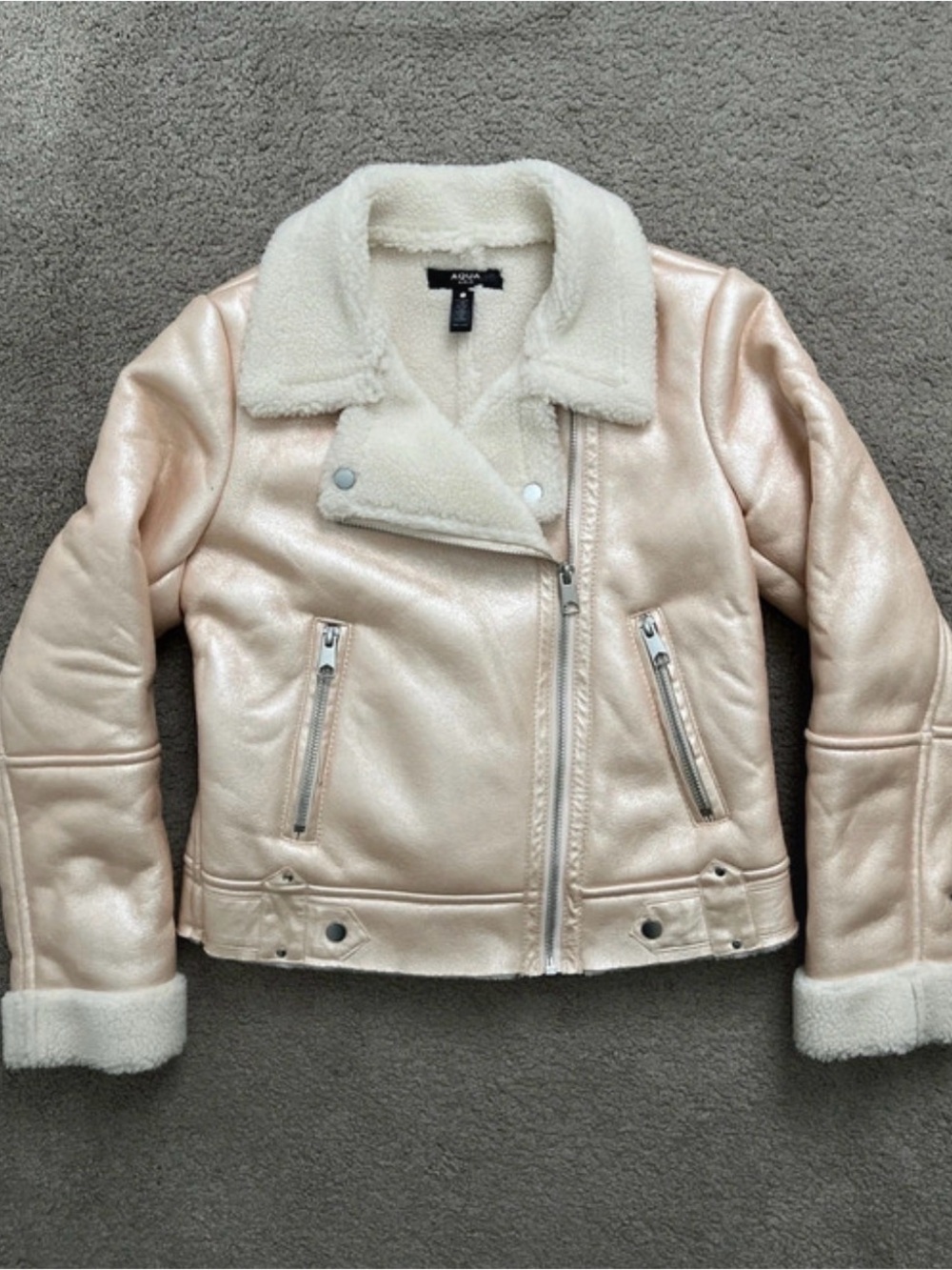 Girl’s Metallic Rose Shearling-Trim Moto Jacket (Bloomingdale’s)